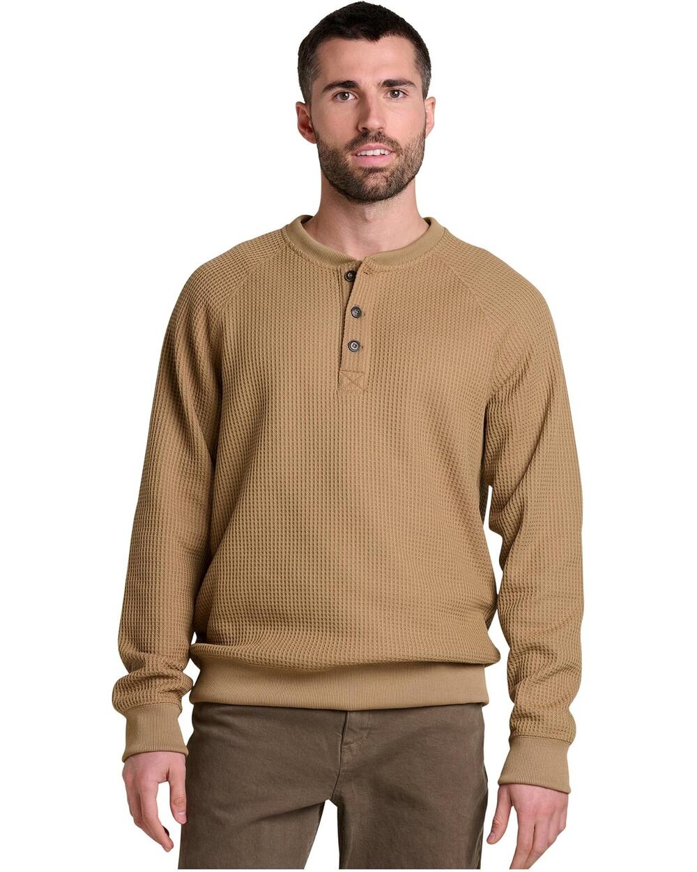 Toad&Co Mens Large Honey Brown Bitterroot Waffle Knit Long Sleeve Henley OS20-28